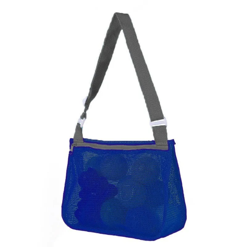 Blue nylon mesh travel storage bag with zip closure for children's toys and clothes