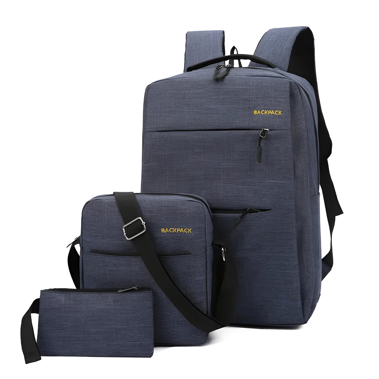 Men's wine red, black, grey, and navy blue three-piece nylon laptop bag set with USB port on front.