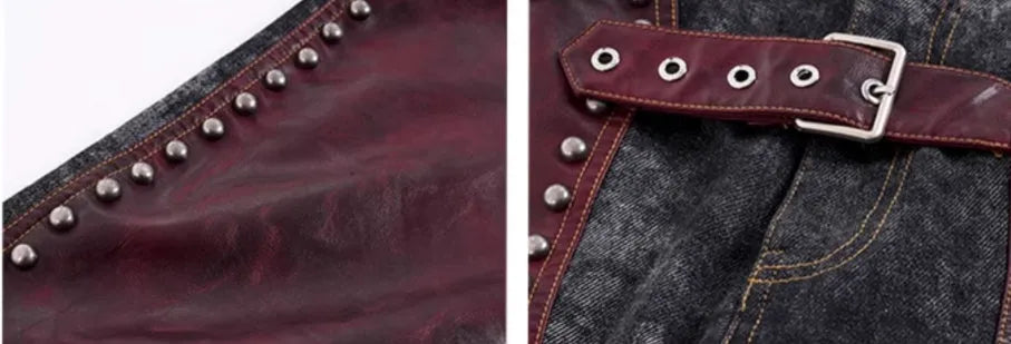 Heavy industry rivets leather vest coat with lapel collar and matching red pants set