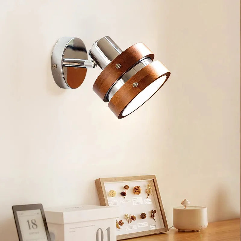 Nordic style walnut coloured indoor wall lamp for bedroom or hallway.
