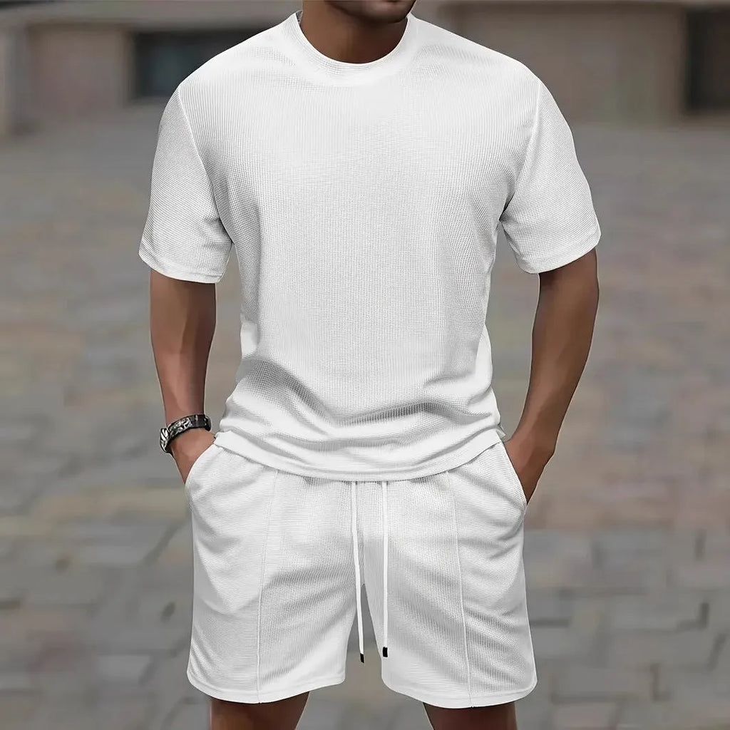 Men's waffle texture short sleeve blouse and pants summer set in polyester fibre
