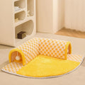 XL plush dog and cat bed with an attached tunnel in a plaid design, showing coffee colour and granular anti-slip bottom.