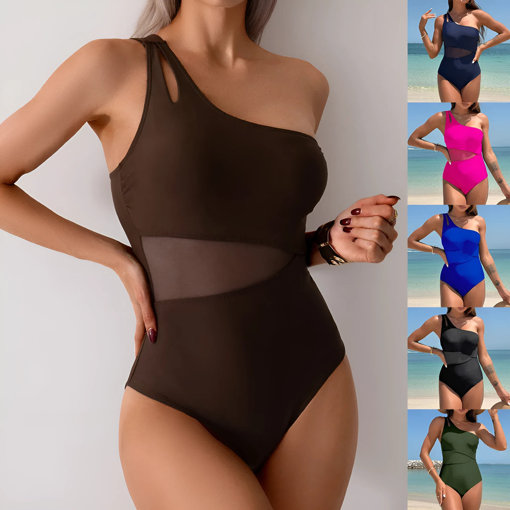 Women's one-shoulder one-piece swimsuit in nylon, sleeveless, available in six colours and sizes S to 2XL