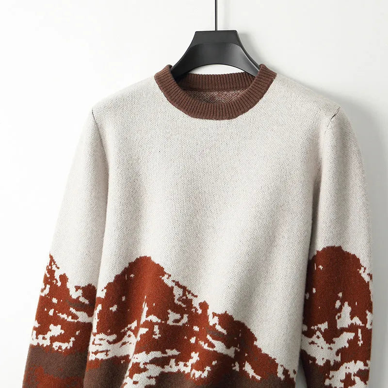 Men's loose wool knit pullover sweater in brown or blue, thickened casual top, sizes S to XXXL