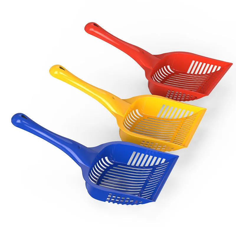 Red plastic cat litter scoop showing small and medium size options for pet toilet cleaning