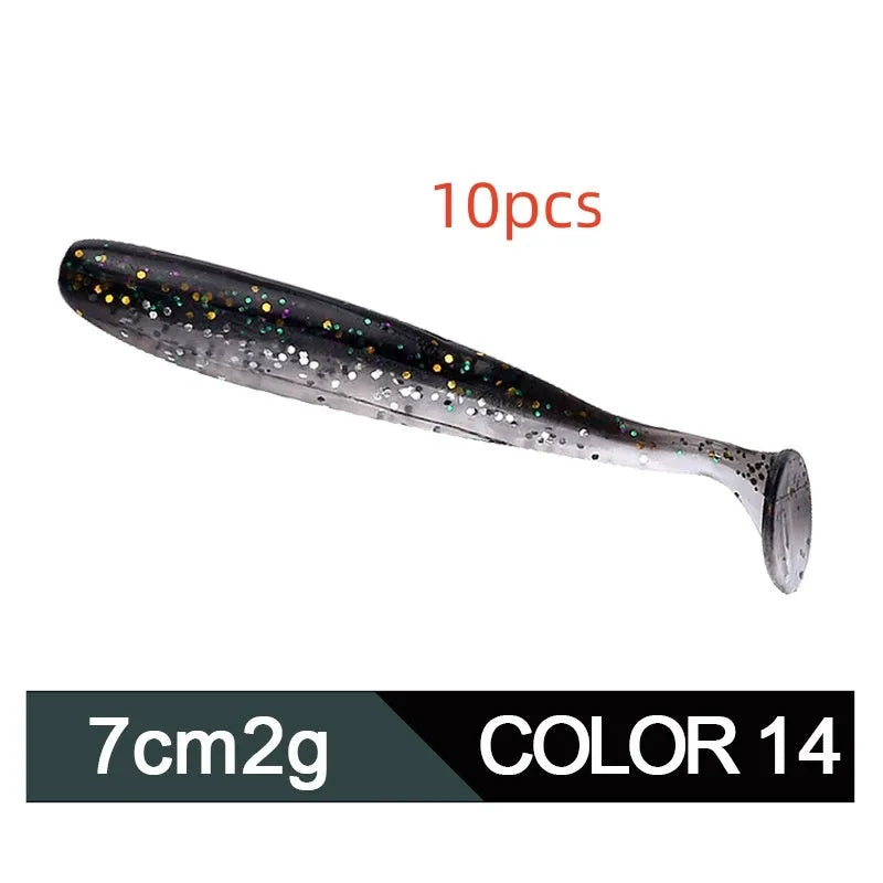 Two-tone soft plastic T-tail fishing lure measuring 7cm, shown in multiple colour variations.