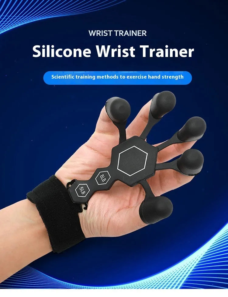 Grey and black silicone 5-finger rehabilitation hand trainer for adult grip strength exercises.