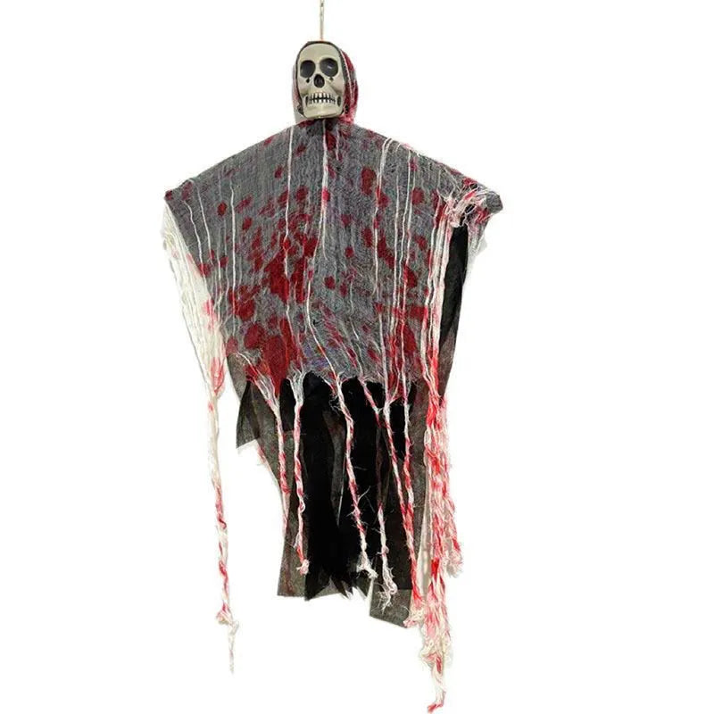 Halloween hanging ghost ornament with a blood-dyed luminous skull, made from plastic.