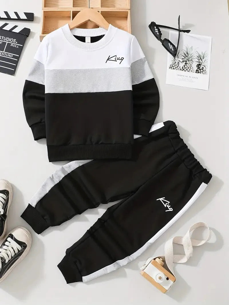Design Sense boys cotton blend pullover hoodie and jogger trousers two-piece set in multicolour options