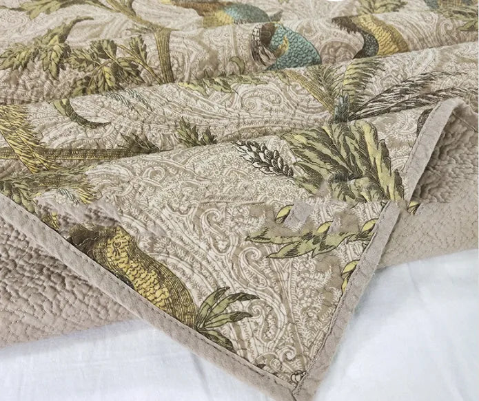 Blue 230 x 250 cm 100% cotton quilted bedspread with plants and flowers