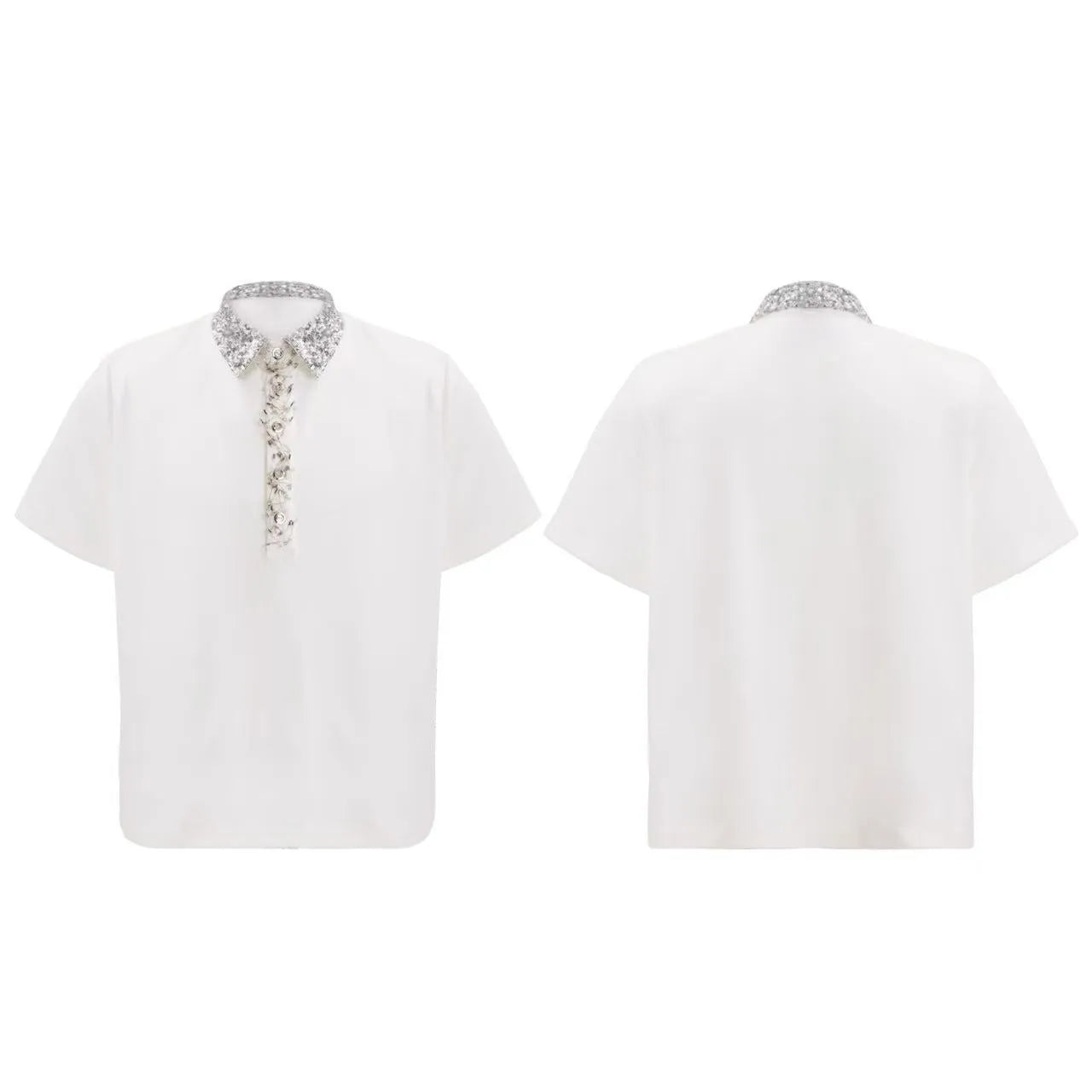A man's black loose-fit polo t-shirt with heavy embroidery sequins detail and a square collar.