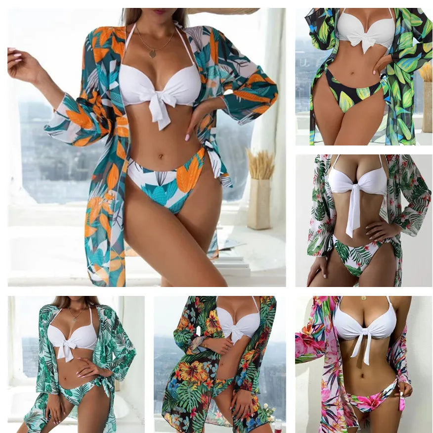 Women's three-piece bikini swimsuit set with mesh cover-up coat in various prints.
