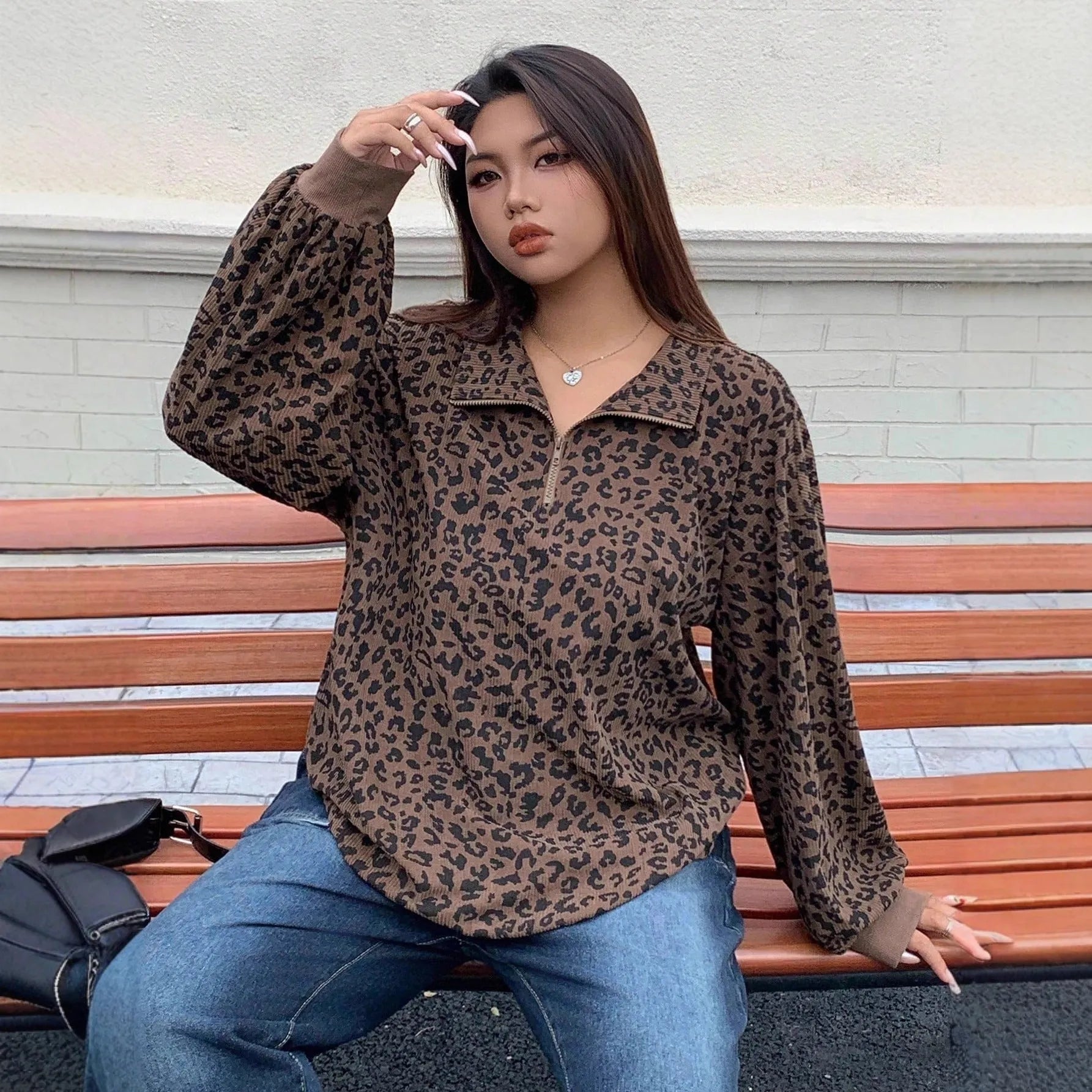 Brown leopard print corduroy zip-up sweatshirt for women with long sleeves and loose fit
