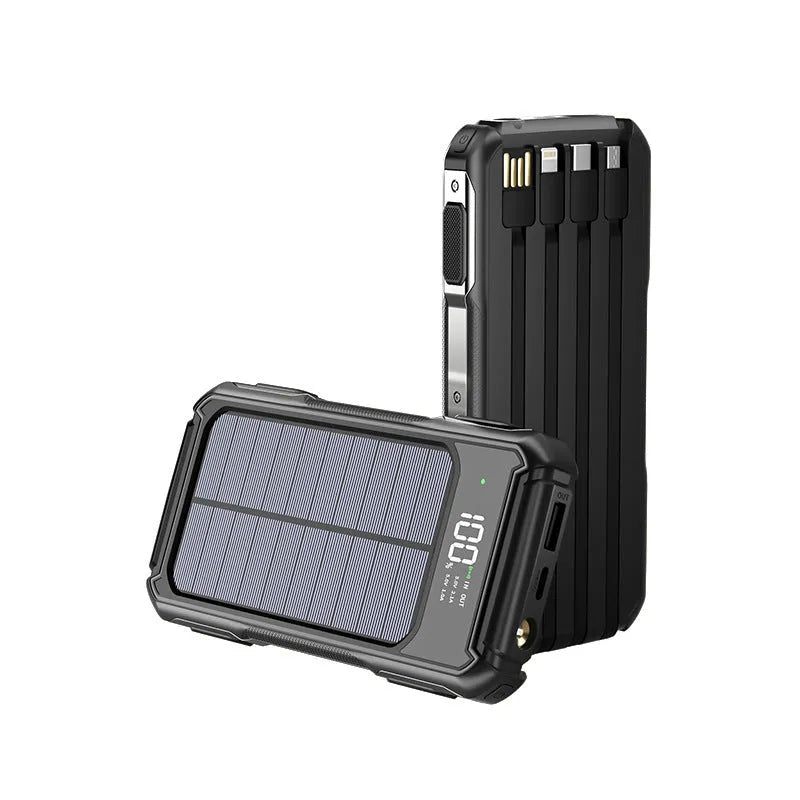 Military-grade portable power bank in black, green, or orange, showing compact size.