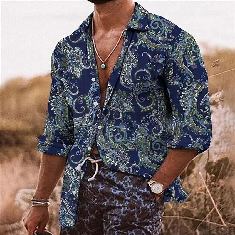 Man wearing a loose-fit bohemian shirt with a colourful 3D floral print pattern, long sleeves.