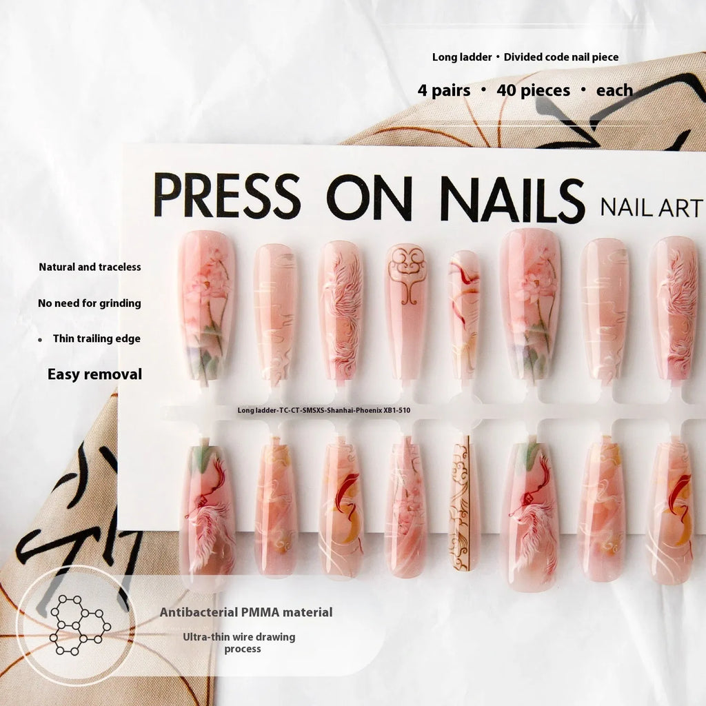 Ancient style new Chinese ink painting nine tail fox nail art stickers on long ladder shape glossy finish