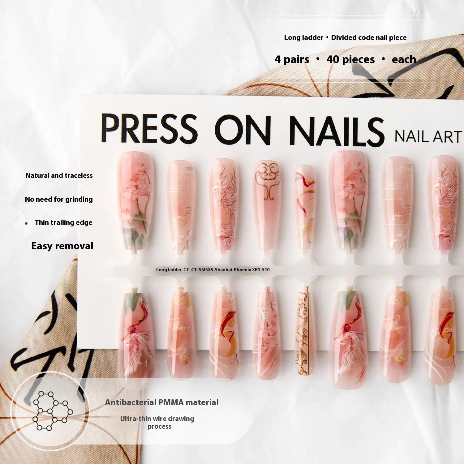 Ancient style new Chinese ink painting nine tail fox nail art stickers on long ladder shape glossy finish