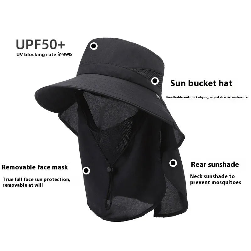 Men's polyester fisherman hat with big brim, adjustable free size and sunshade function