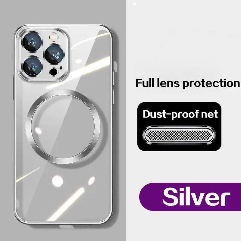 Wireless magnetic charging TPU phone case with electroplated finish for iPhone 11-14 series in dark purple.