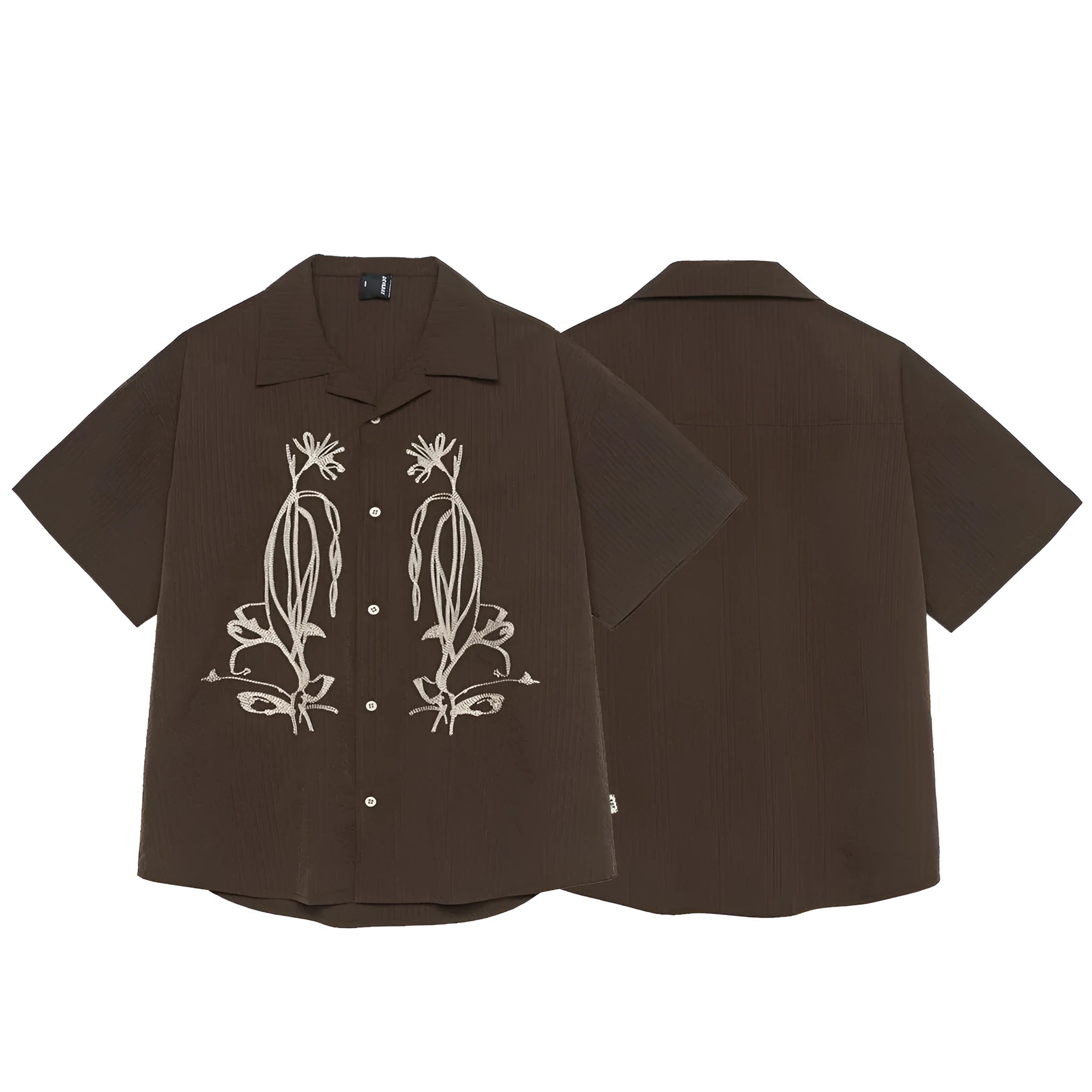 Brown striped men's short sleeve shirt with a Cuban collar, made from quick-dry polyester for outdoor use.