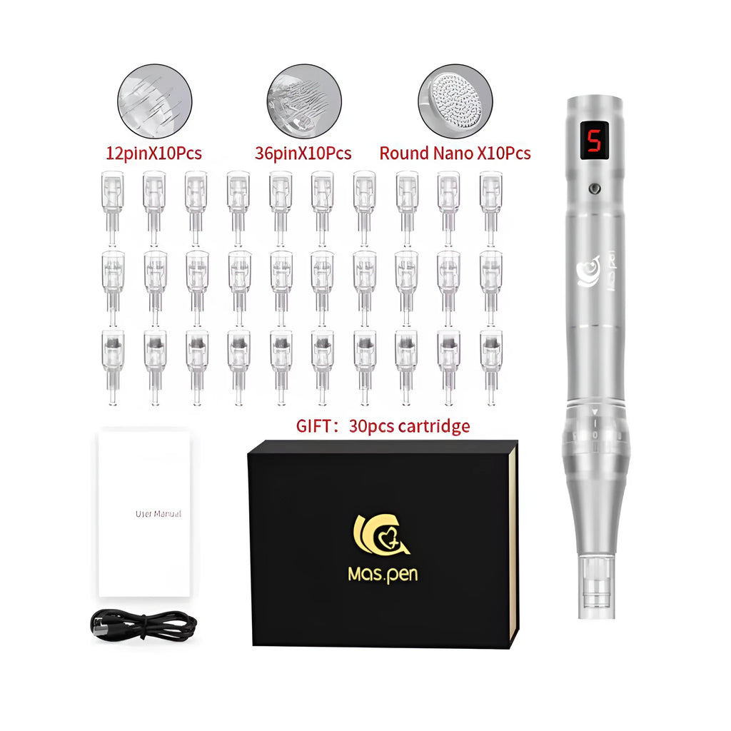 Electric microneedle pen device with spiral nano tips and 30 disposable heads