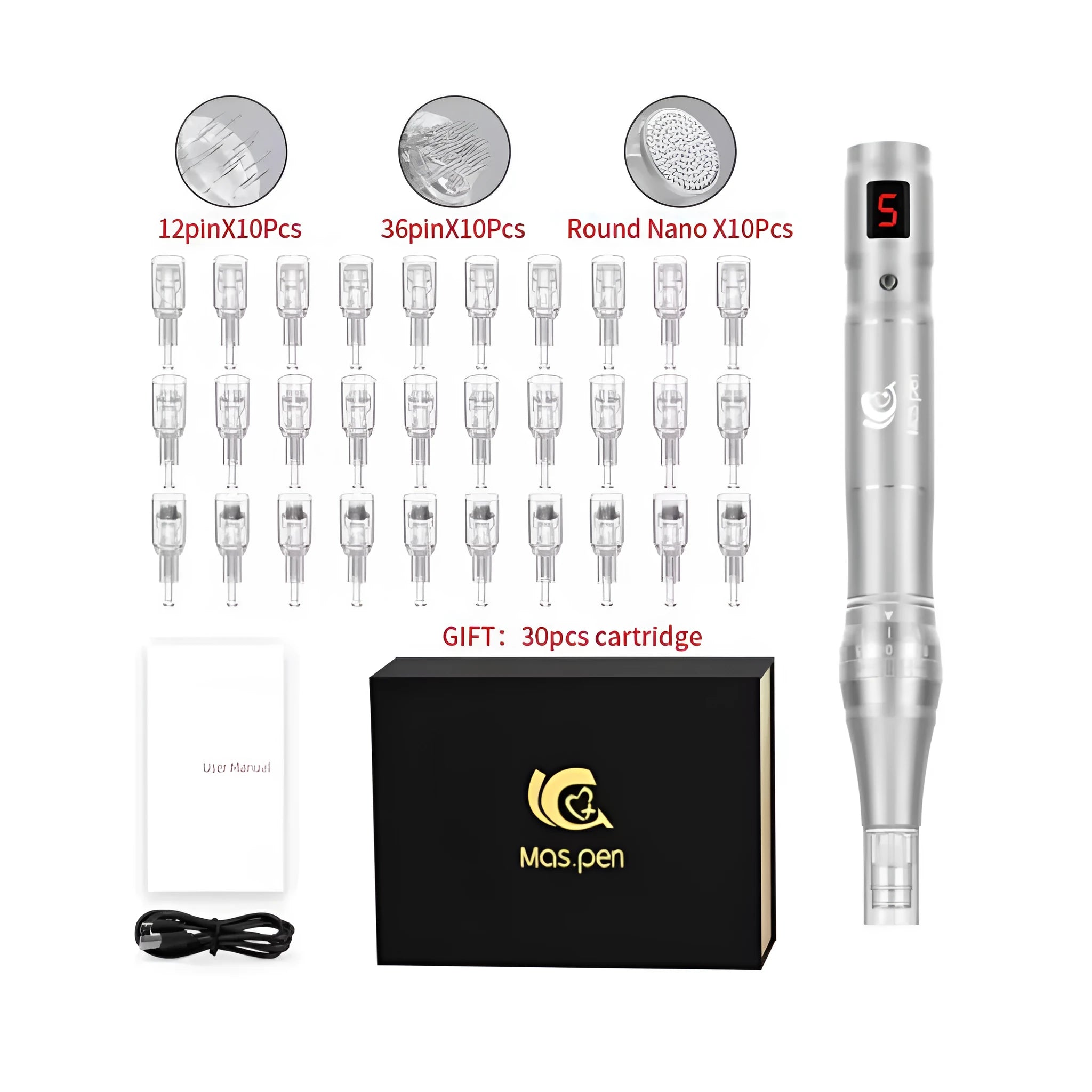 Electric microneedle pen device with spiral nano tips and 30 disposable heads