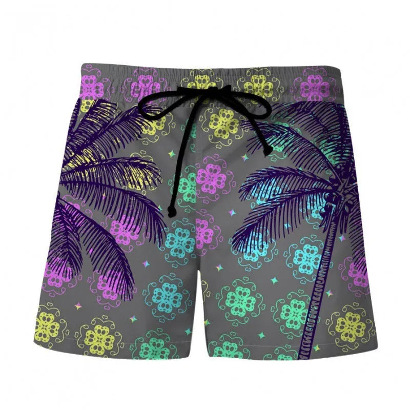 Men's 3D digital print Hawaiian-style beach shorts in polyester, front view