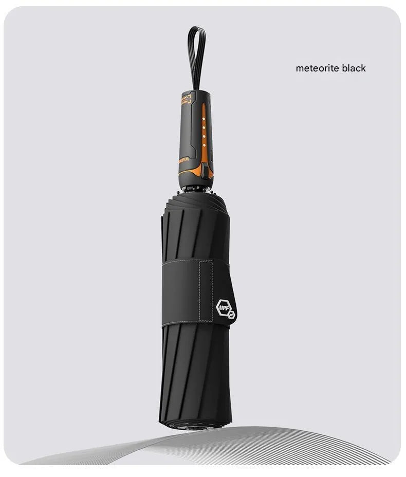 Automatic folding umbrella with oversized thickened canopy for heavy rain and sun protection in black
