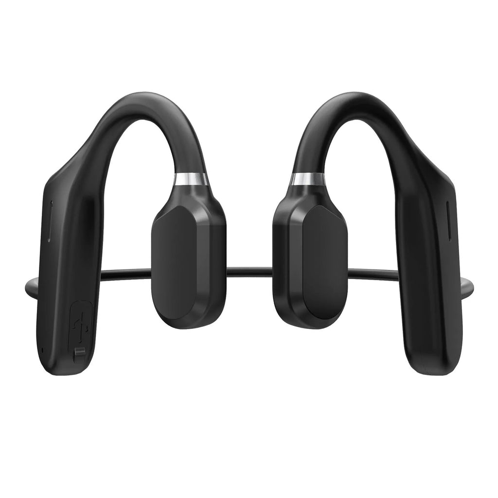 Bone conduction wireless Bluetooth headset in black hanging ear style with open ear design