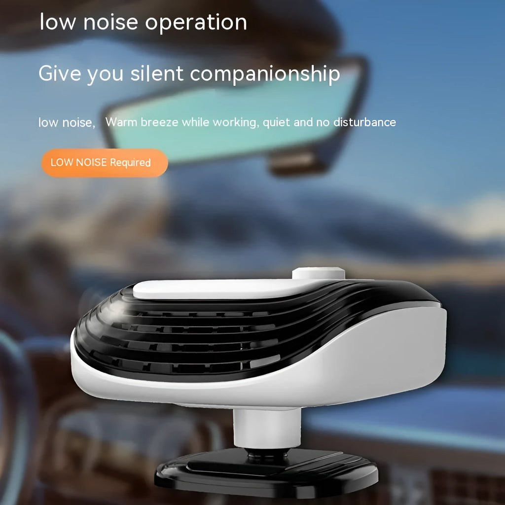 Compact white or green ABS plastic 12V 24V warm air blower heater for cars and trucks.