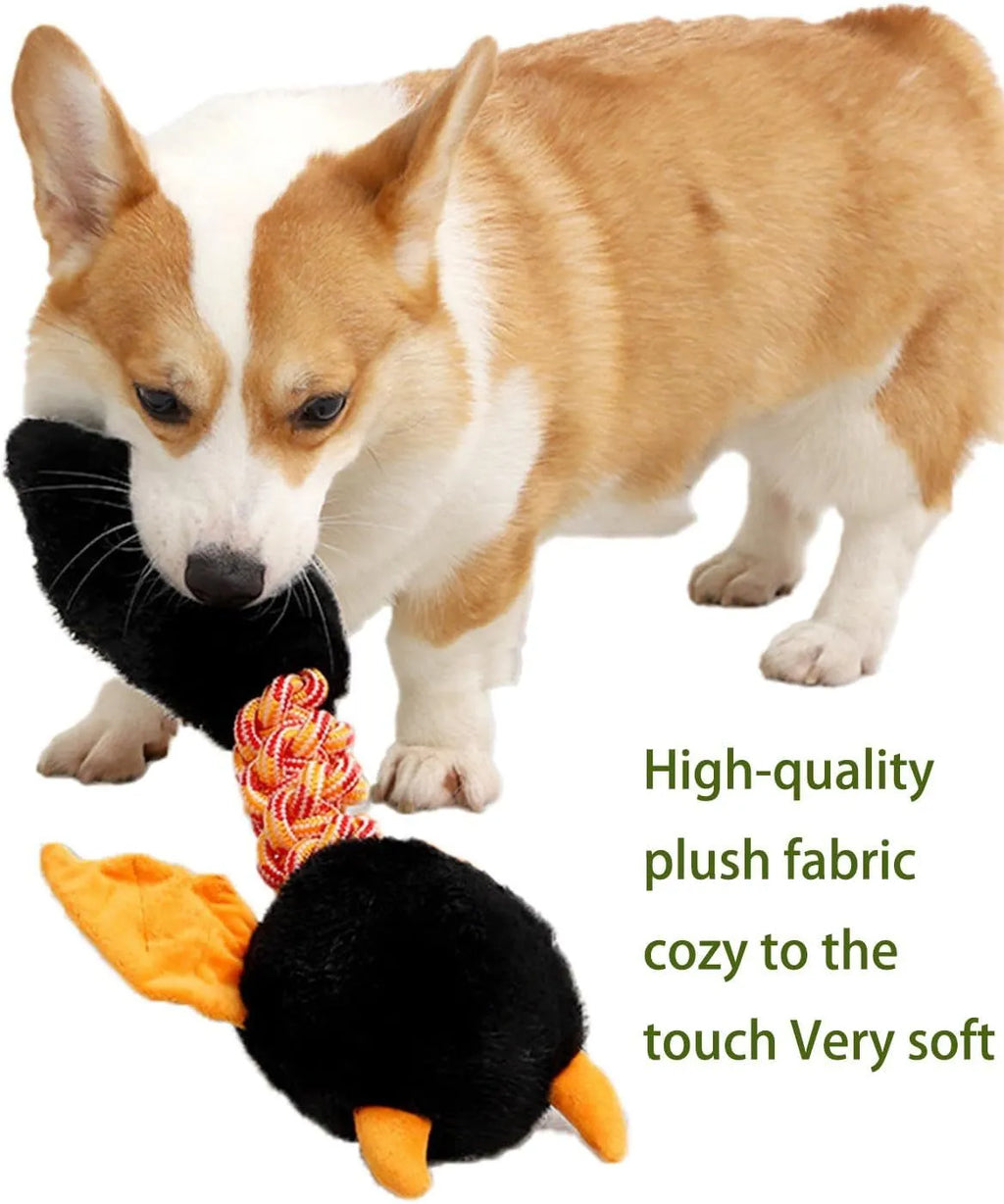 Cartoon-style plush dog toy with a chew rope, shown in black, green, or red colours.