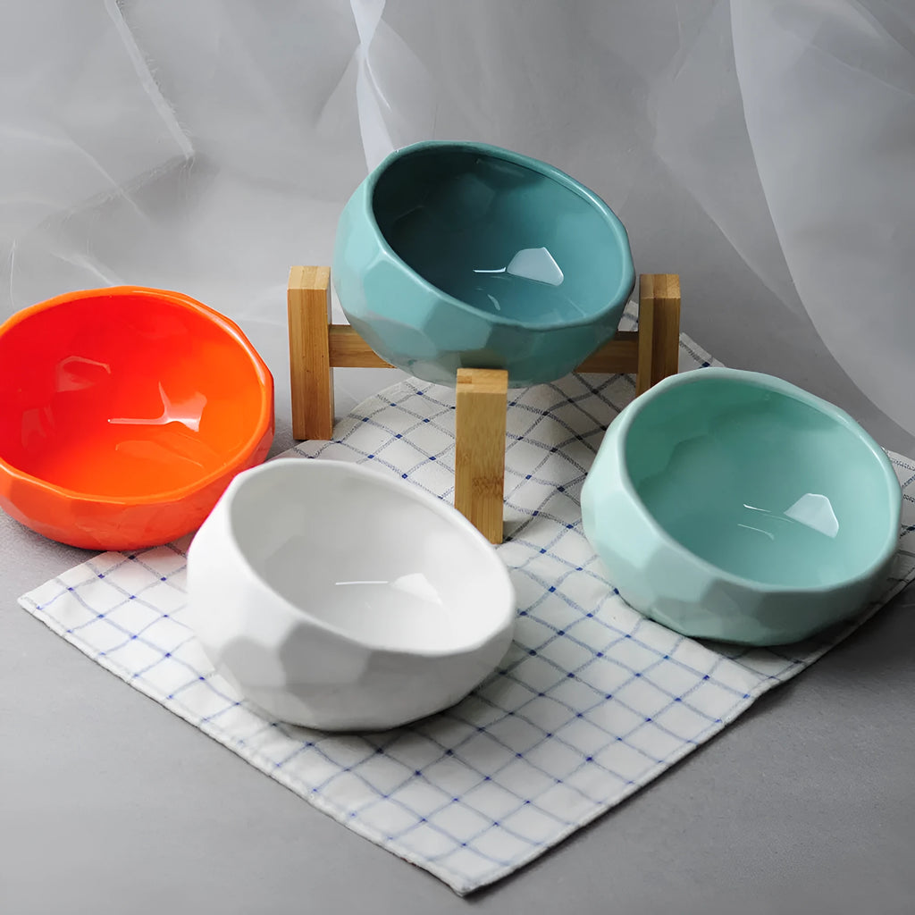 Ceramic cat bowl with oblique mouth design in white colour option on a surface