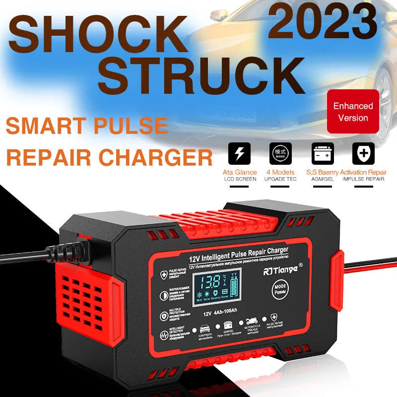 Car battery charger for lead acid batteries red US standard reverse connection protection on-screen display