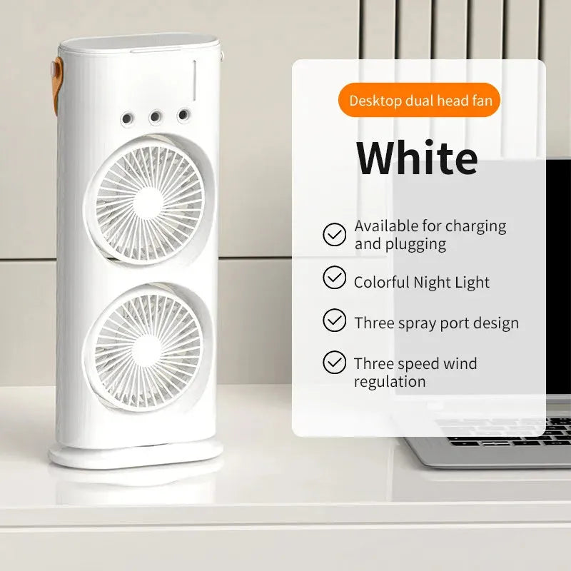 White portable humidifier fan with double heads, remote control, and USB cable