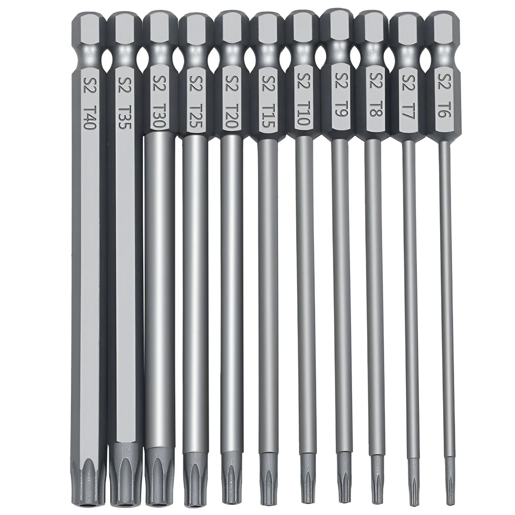 Hexagon handle screwdriver bit set with T-type bits in 50mm, 75mm and 100mm lengths.