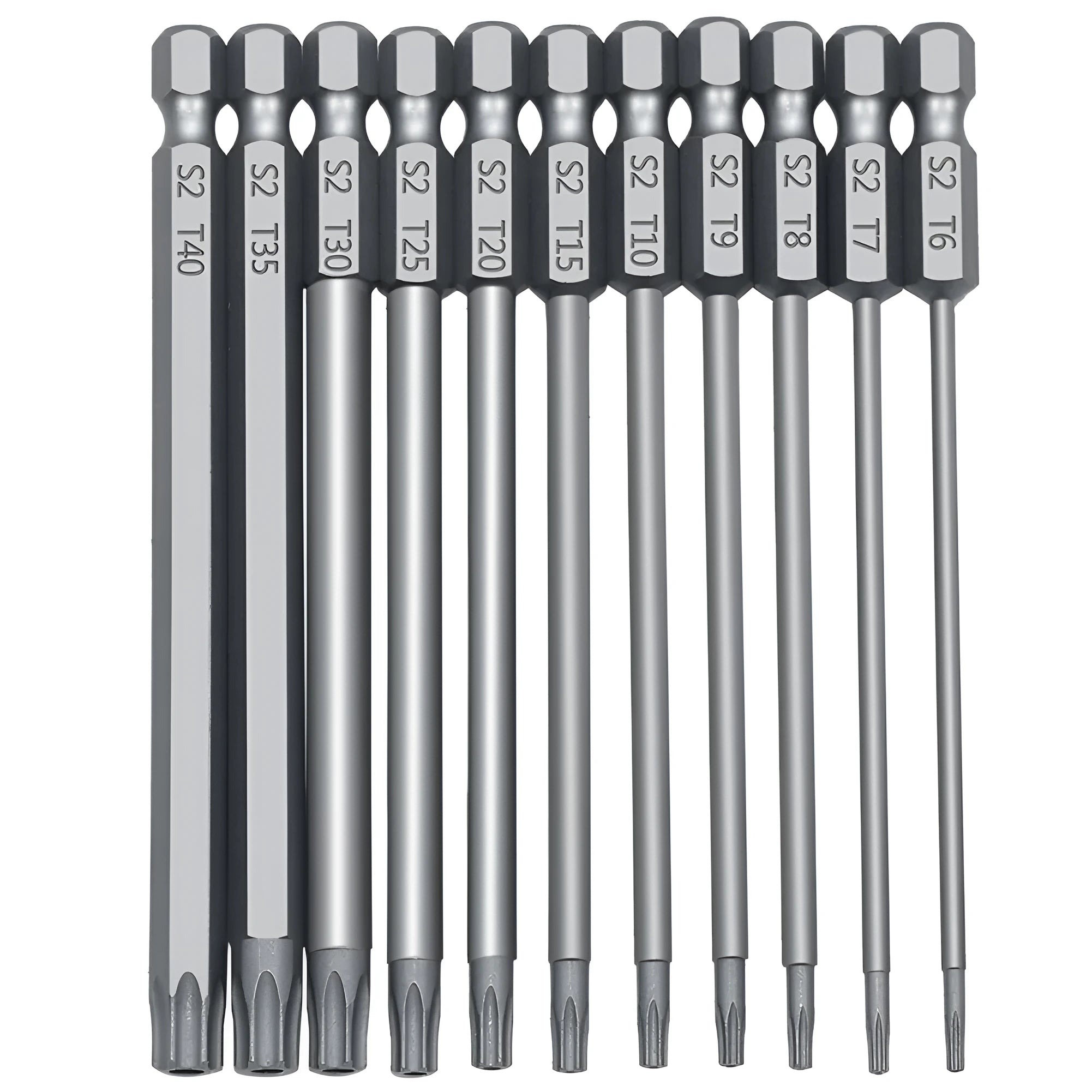 Hexagon handle screwdriver bit set with T-type bits in 50mm, 75mm and 100mm lengths.