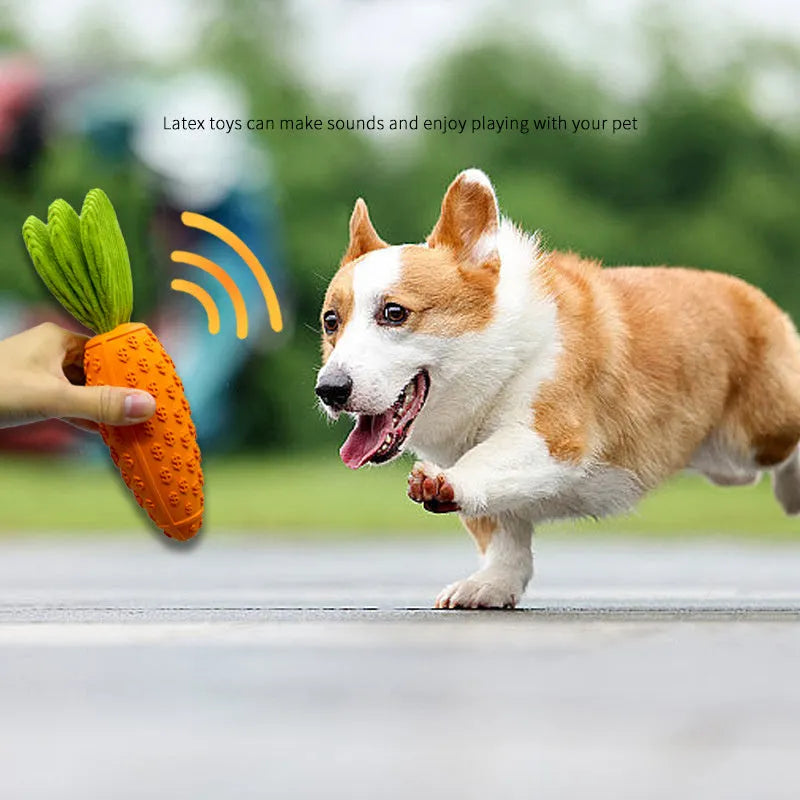 Orange carrot-shaped dog chew toy made of rubber and plush, measuring 21x5x5cm with a squeaker