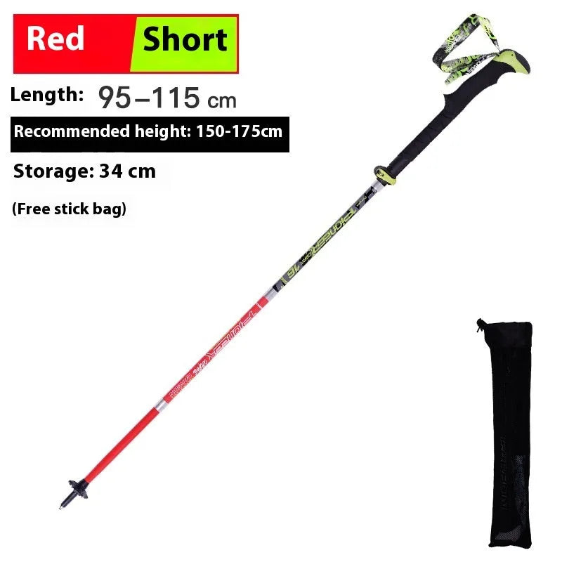 Carbon fibre folding climbing cane with tungsten steel tip shown in extended and collapsed positions