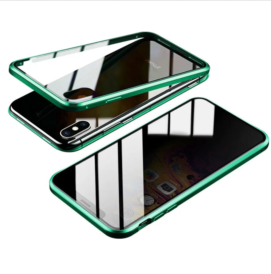 A closed clamshell phone case in blue glass with a geometric pattern, next to an iPhone showing the narrow viewing angle when open.