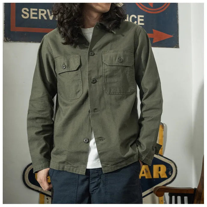 Men's olive green cotton satin slim fit work shirt with cardigan style front
