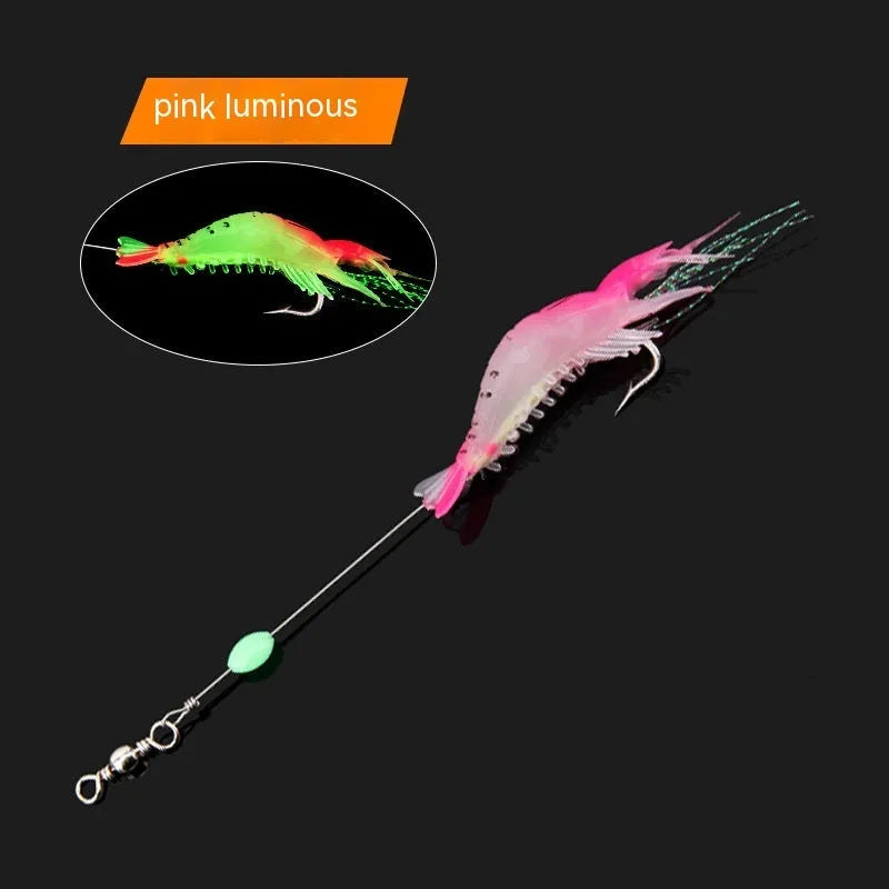 Six soft plastic fishing lures with hooks in various colours including black head yellow body and luminous pink.