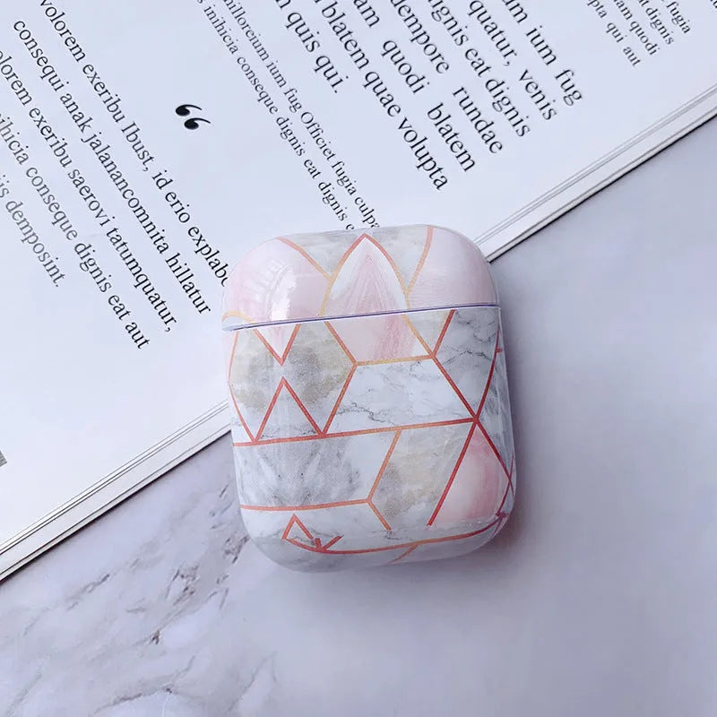 White marble hard PC protective case for Apple AirPods 1 and 2 charging box.