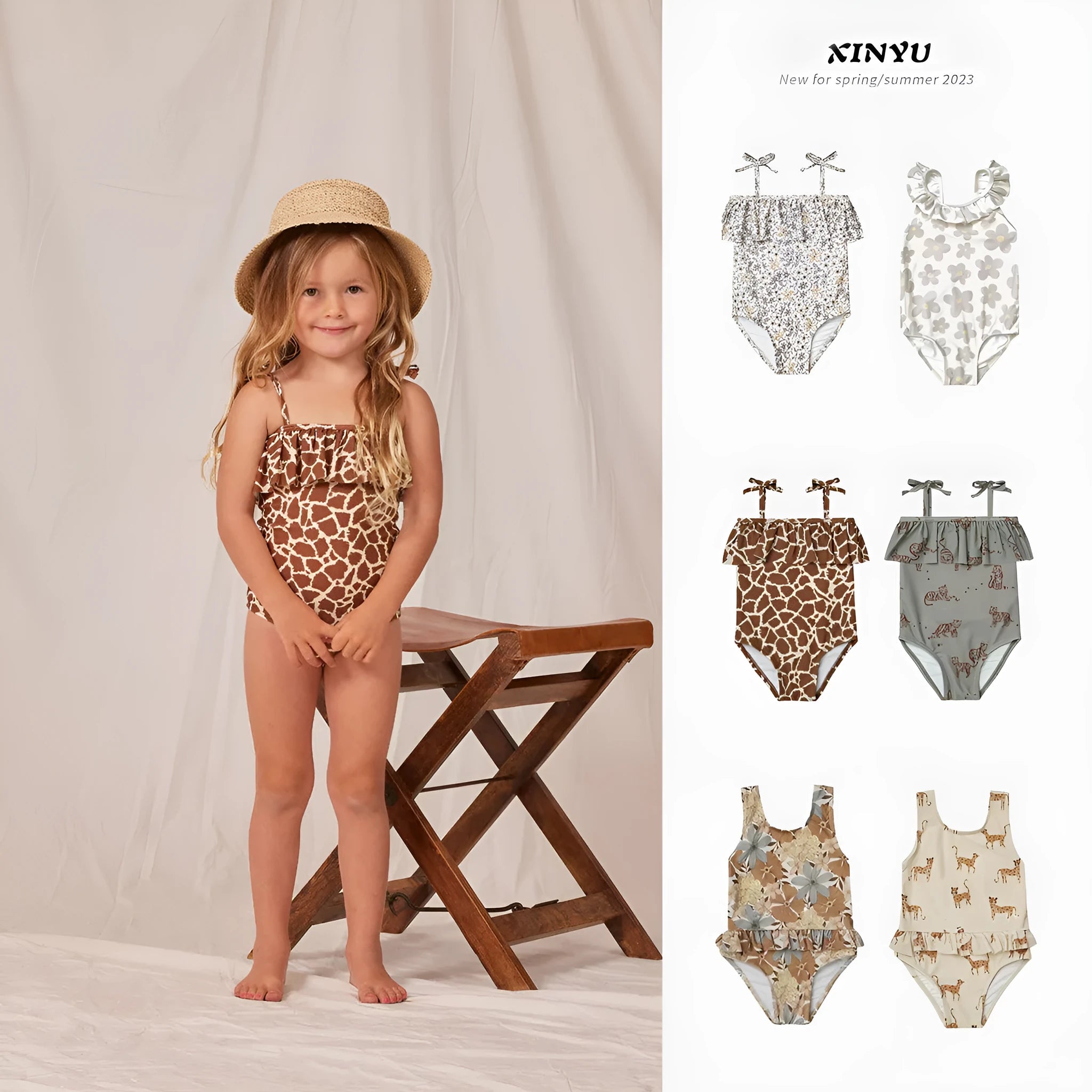 Girls' high elasticity one piece swimsuit with floral print design and shoulder straps
