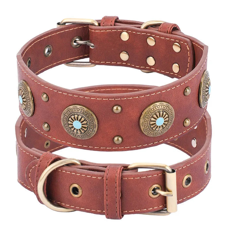 Retro high-end leather dog collar in brown with monochrome pattern for medium and large dogs