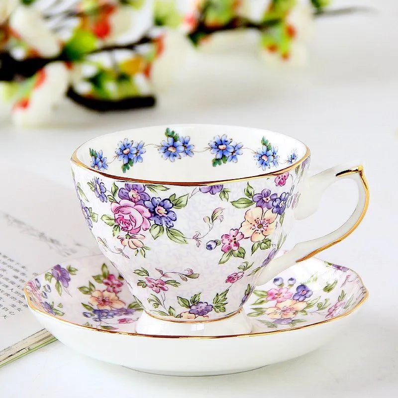 European porcelain coffee cup and saucer set with pastoral style pattern in assorted colours