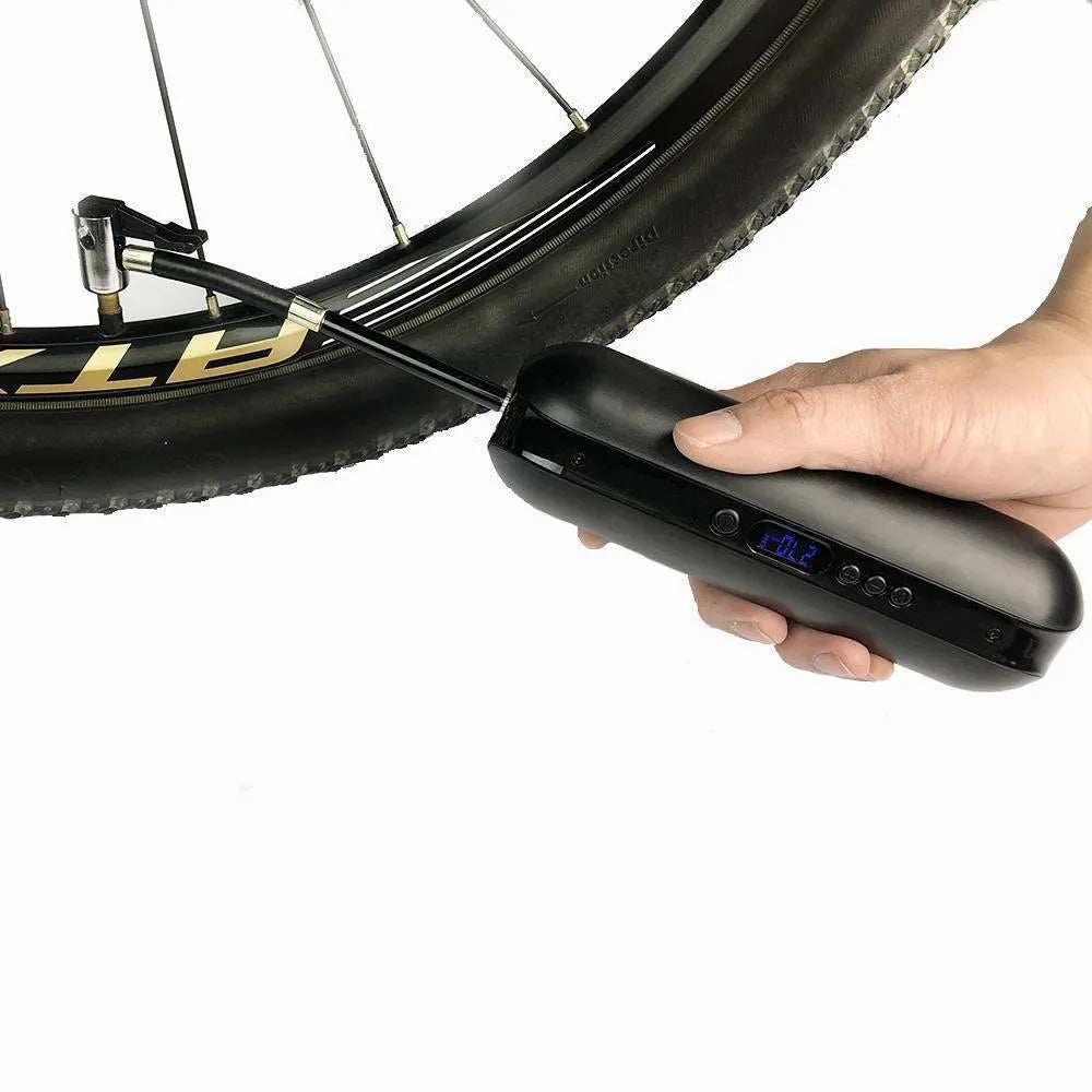 Black cordless bike inflator 150PSI with LCD display, air tube, and converters, size 5 x 5 x 18cm