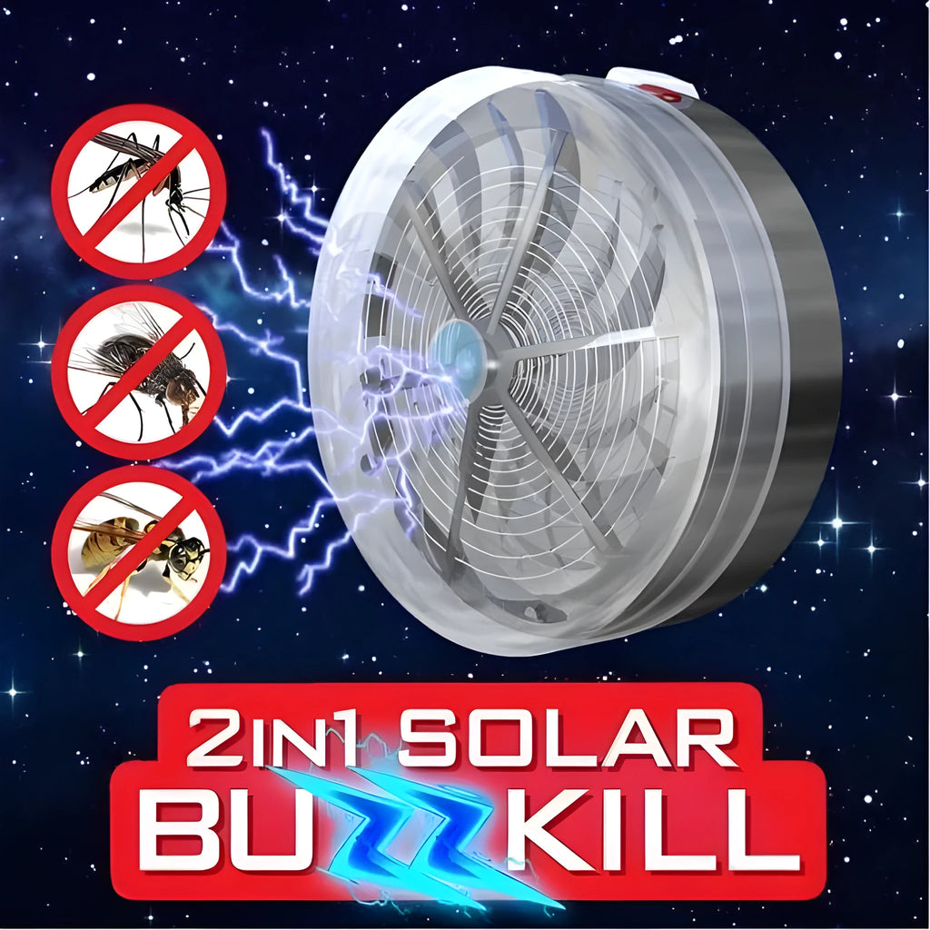 Solar bug zapper for mosquitoes and insects, white and black design on a table in a garden