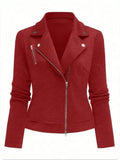 Women's black polyester casual jacket with oblique zipper fastener decoration, long sleeves, loose fit, sizes S to XL