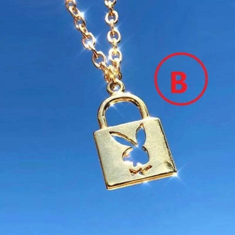 Harajuku shiny alloy rabbit head key lock necklace pendant with electroplated finish and key lock colour option