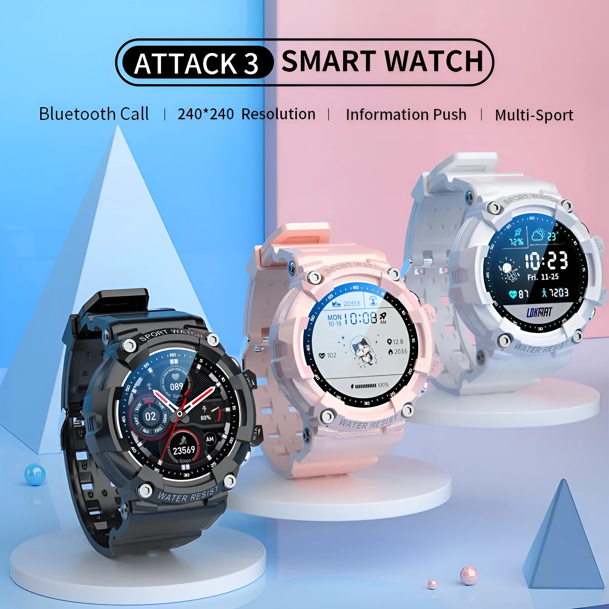 ATTACK 3 IP67 waterproof smart Bluetooth sports watch with round colour screen